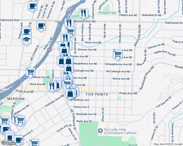 map of restaurants, bars, coffee shops, grocery stores, and more near 1106 McCullough Avenue Northeast in Huntsville