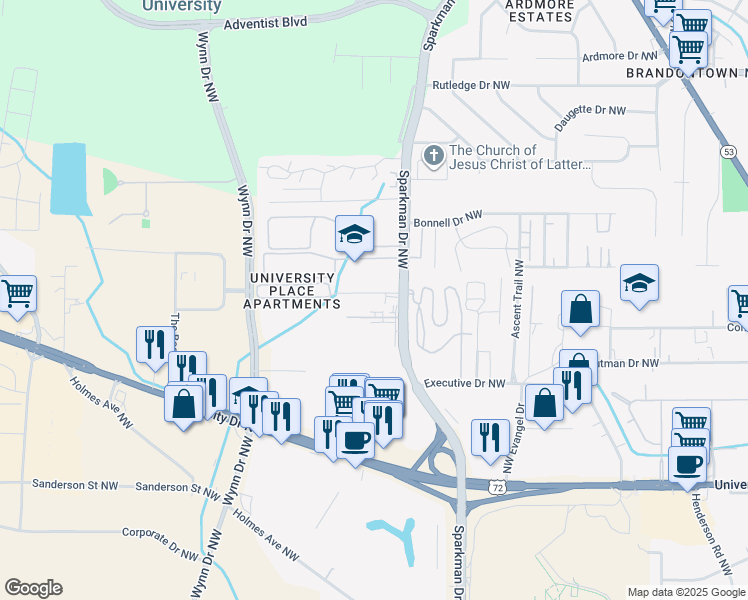 map of restaurants, bars, coffee shops, grocery stores, and more near 4935 Century Street Northwest in Huntsville
