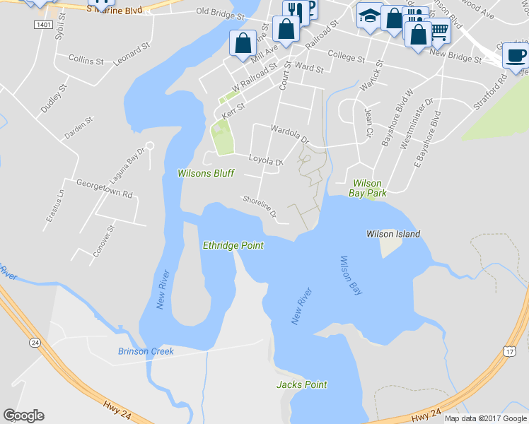 map of restaurants, bars, coffee shops, grocery stores, and more near 97 Shoreline Drive in Jacksonville