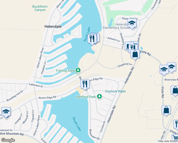 map of restaurants, bars, coffee shops, grocery stores, and more near 26987 Lakeview Drive in Helendale