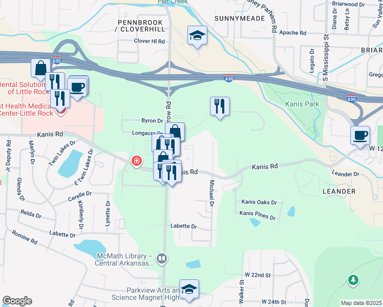 map of restaurants, bars, coffee shops, grocery stores, and more near 1202 Rose Street in Little Rock