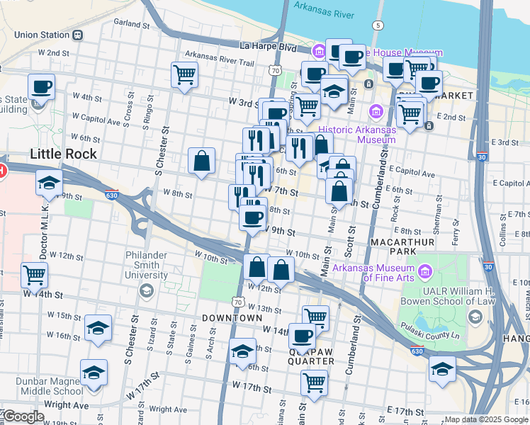 map of restaurants, bars, coffee shops, grocery stores, and more near 409 West 8th Street in Little Rock