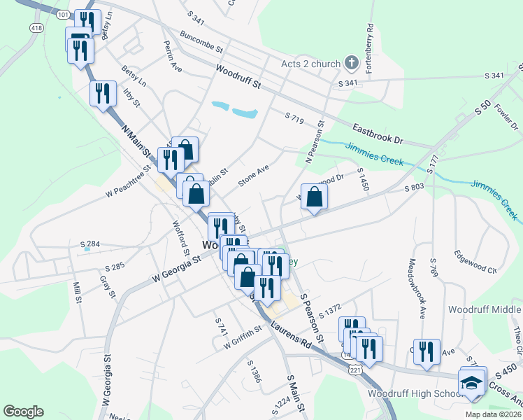 map of restaurants, bars, coffee shops, grocery stores, and more near 134 Simpson Avenue in Woodruff