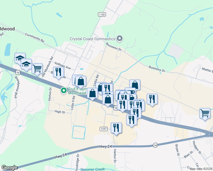 map of restaurants, bars, coffee shops, grocery stores, and more near 149 Harris Road in Newport
