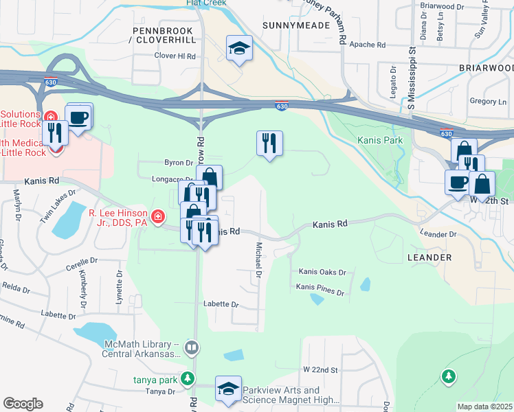 map of restaurants, bars, coffee shops, grocery stores, and more near 10 Michaels Street in Little Rock
