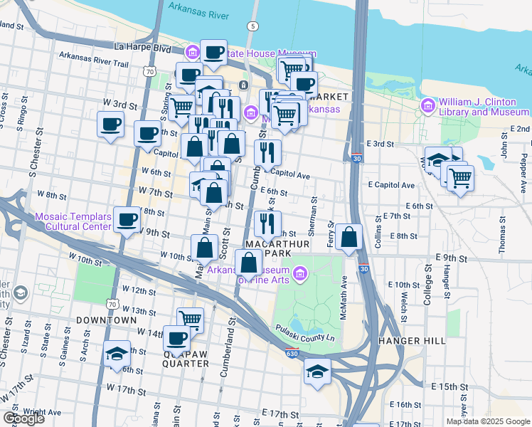 map of restaurants, bars, coffee shops, grocery stores, and more near 700 Rock Street in Little Rock