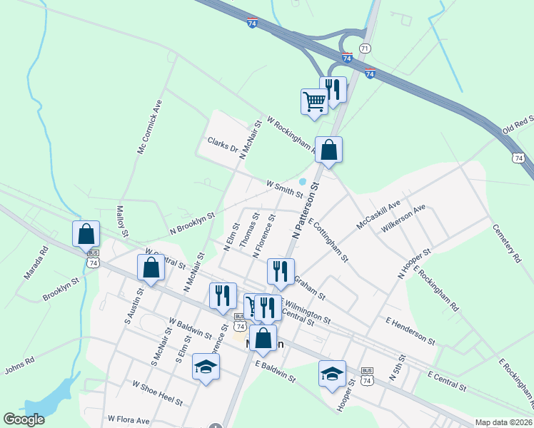 map of restaurants, bars, coffee shops, grocery stores, and more near 317 North Florence Street in Maxton