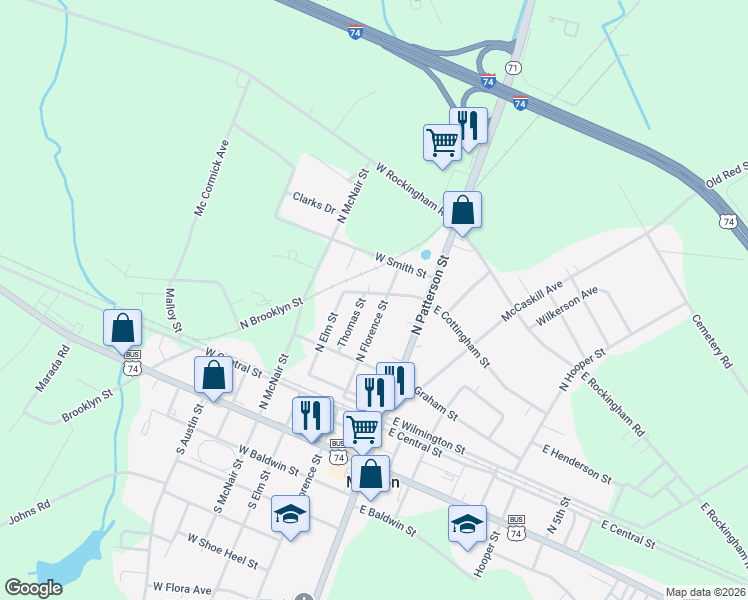 map of restaurants, bars, coffee shops, grocery stores, and more near 317 North Florence Street in Maxton