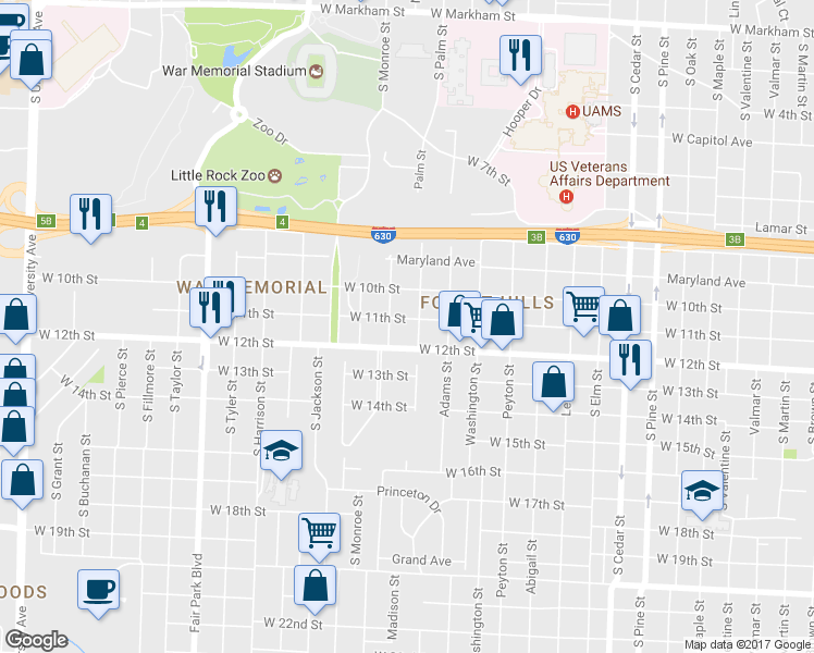 map of restaurants, bars, coffee shops, grocery stores, and more near 4707 W 11th St in Little Rock