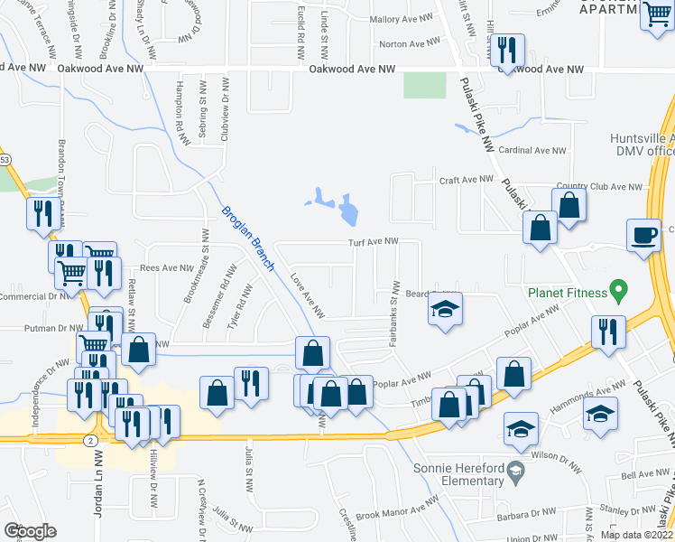 map of restaurants, bars, coffee shops, grocery stores, and more near 3003 Belafonte Avenue Northwest in Huntsville