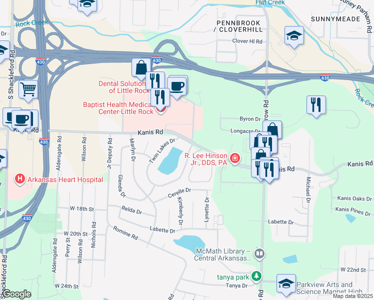 map of restaurants, bars, coffee shops, grocery stores, and more near 1212 East Twin Lakes Drive in Little Rock