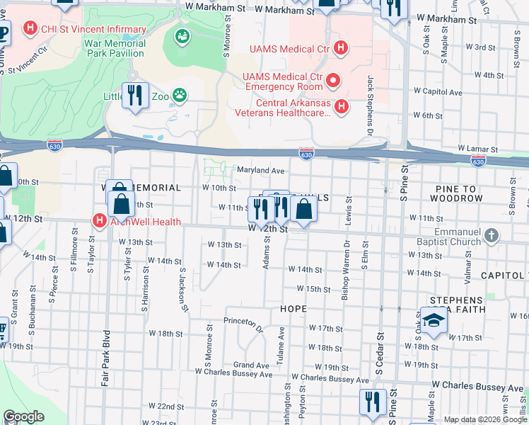 map of restaurants, bars, coffee shops, grocery stores, and more near 4601 West 11th Street in Little Rock