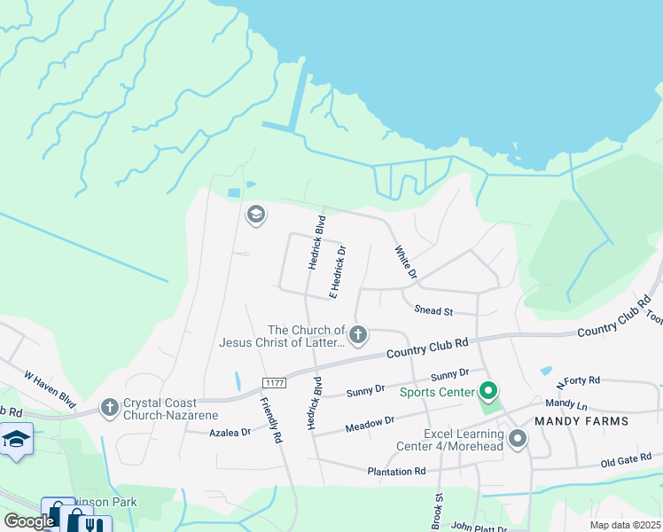 map of restaurants, bars, coffee shops, grocery stores, and more near 3608 East Hedrick Drive in Morehead City