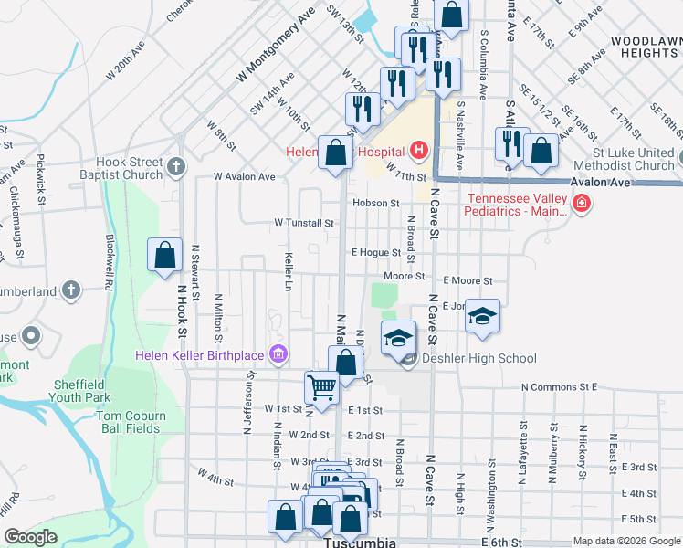 map of restaurants, bars, coffee shops, grocery stores, and more near 101-103 W Moore St in Tuscumbia