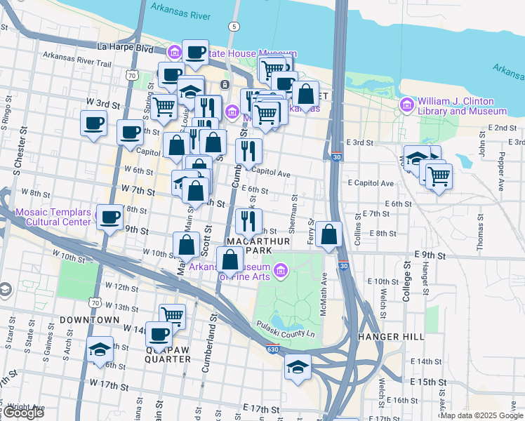 map of restaurants, bars, coffee shops, grocery stores, and more near 503 East 7th Street in Little Rock
