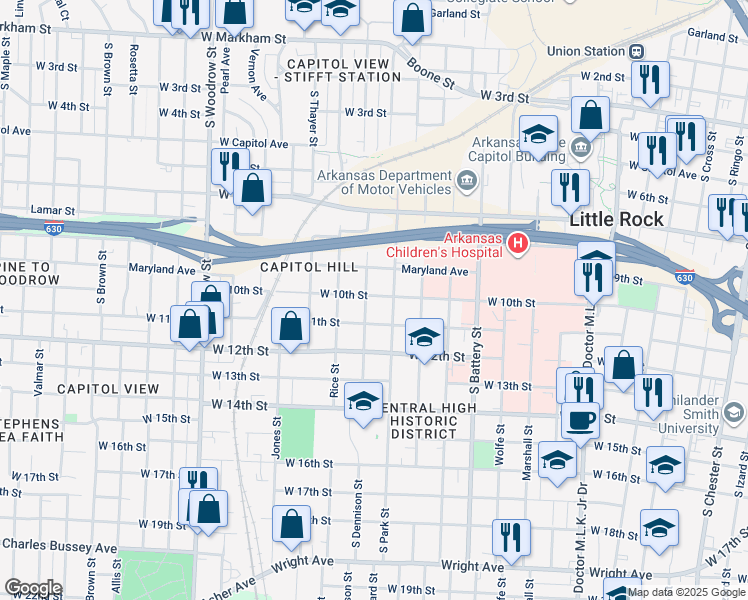 map of restaurants, bars, coffee shops, grocery stores, and more near 2209 West 10th Street in Little Rock