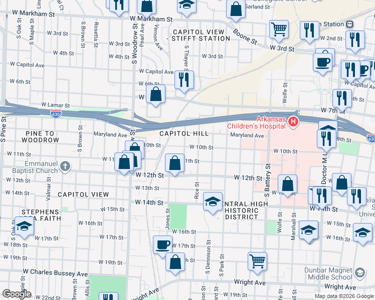 map of restaurants, bars, coffee shops, grocery stores, and more near 2423 West 10th Street in Little Rock