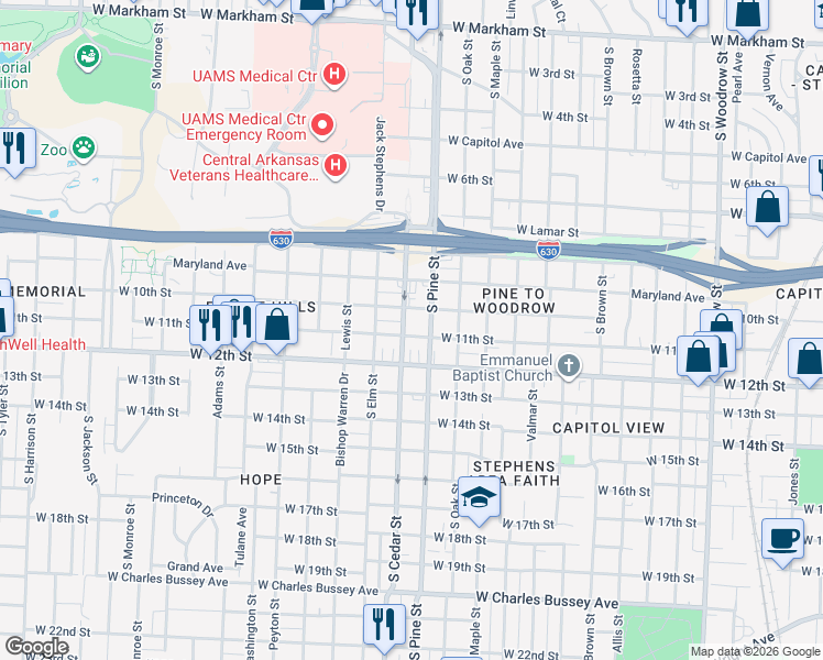 map of restaurants, bars, coffee shops, grocery stores, and more near 3918 West 11th Street in Little Rock