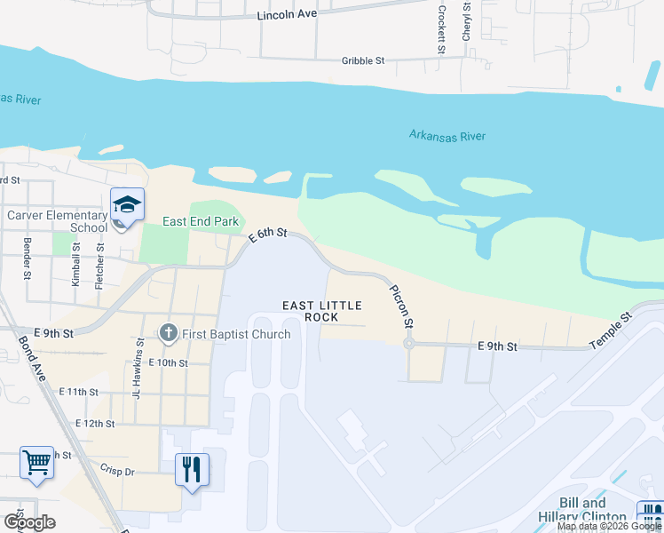 map of restaurants, bars, coffee shops, grocery stores, and more near 3100 East 6th Street in Little Rock