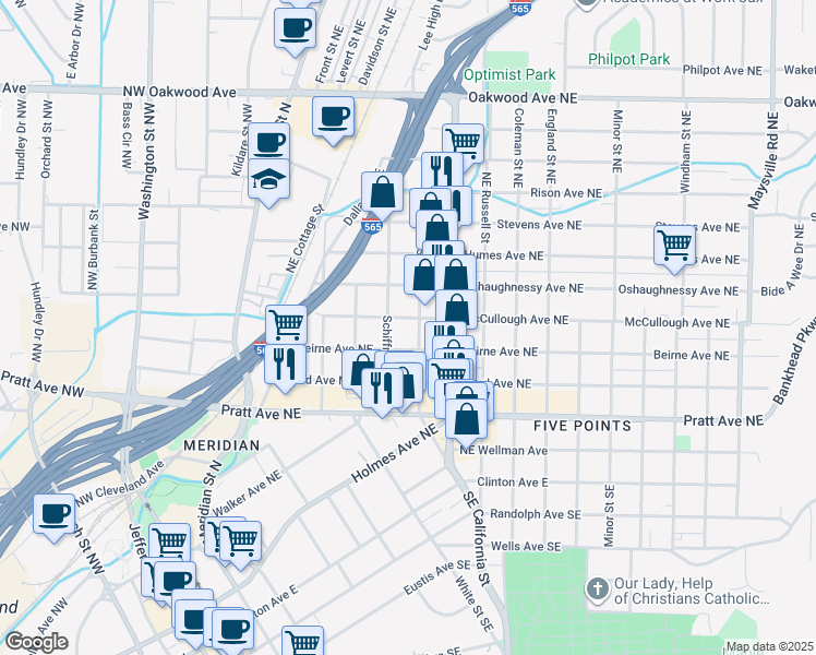 map of restaurants, bars, coffee shops, grocery stores, and more near 508 McCullough Avenue Northeast in Huntsville
