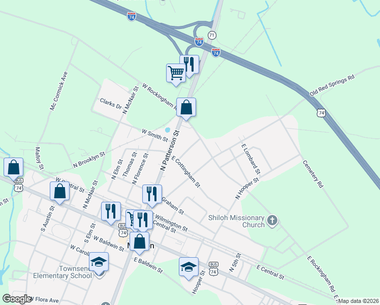 map of restaurants, bars, coffee shops, grocery stores, and more near 439 McNatt Street in Maxton