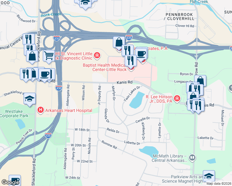 map of restaurants, bars, coffee shops, grocery stores, and more near 1223 Marlyn Drive in Little Rock