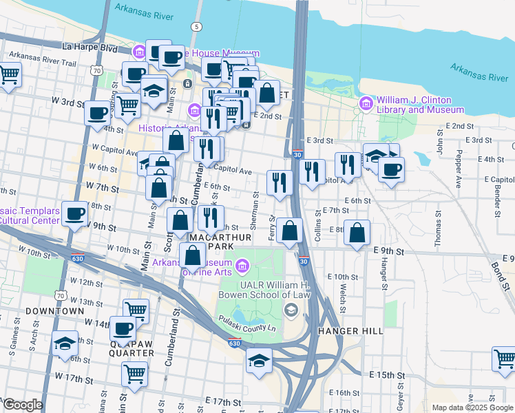 map of restaurants, bars, coffee shops, grocery stores, and more near 623 Sherman Street in Little Rock