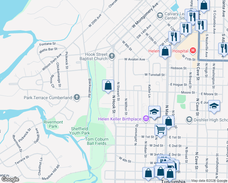 map of restaurants, bars, coffee shops, grocery stores, and more near 863 North Hook Street in Tuscumbia