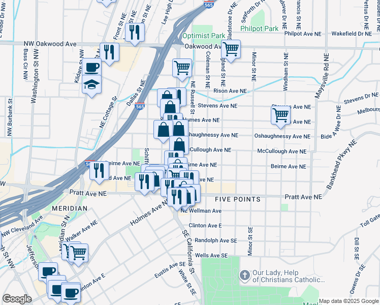 map of restaurants, bars, coffee shops, grocery stores, and more near 714 McCullough Avenue Northeast in Huntsville