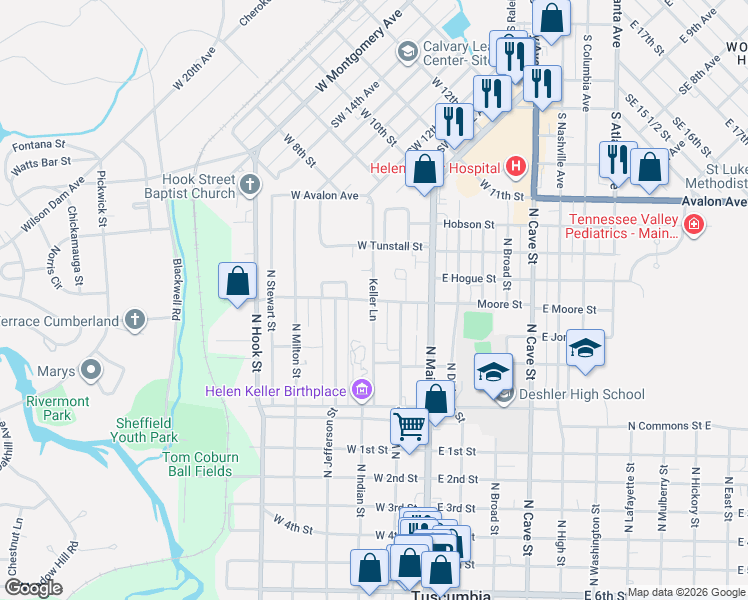 map of restaurants, bars, coffee shops, grocery stores, and more near 317-363 West Moore Street in Tuscumbia