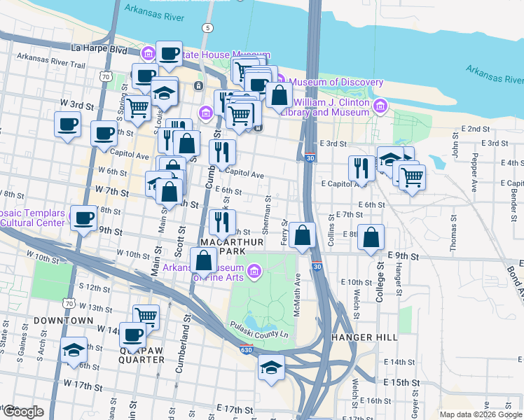 map of restaurants, bars, coffee shops, grocery stores, and more near 623 Sherman Street in Little Rock