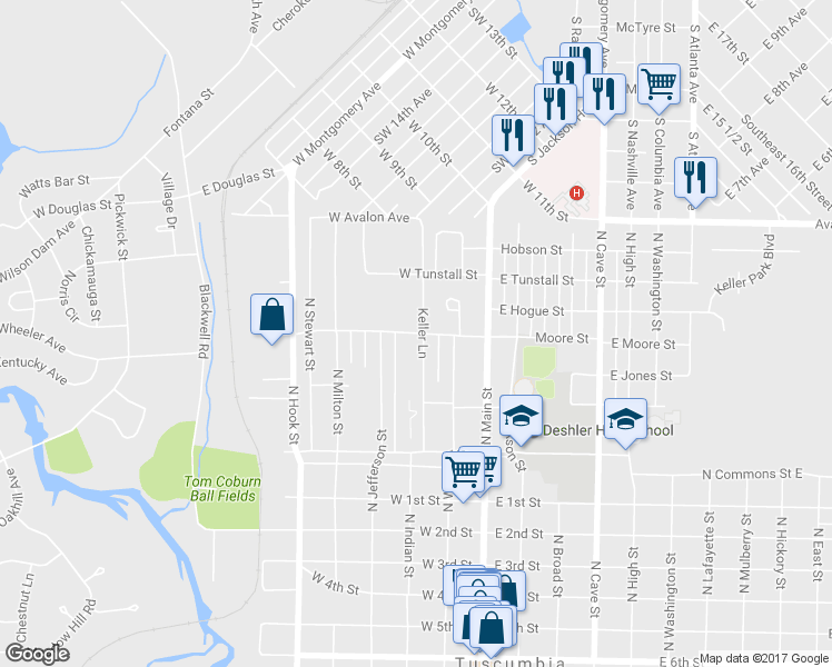 map of restaurants, bars, coffee shops, grocery stores, and more near 317 West Moore Street in Tuscumbia
