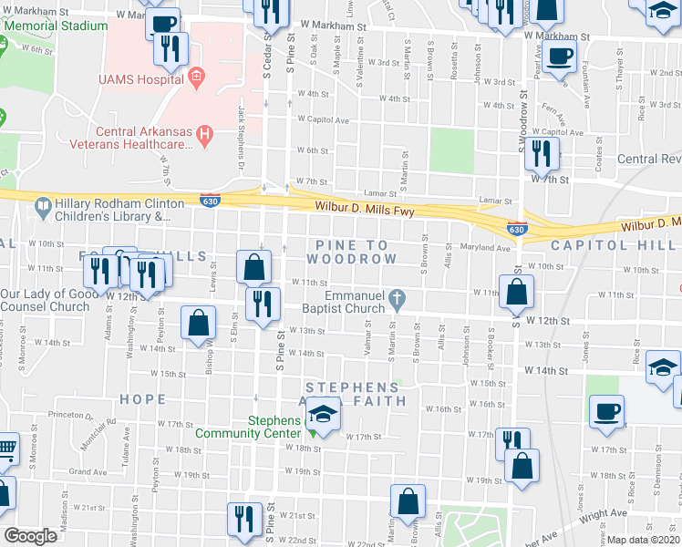 map of restaurants, bars, coffee shops, grocery stores, and more near 3600 West 11th Street in Little Rock