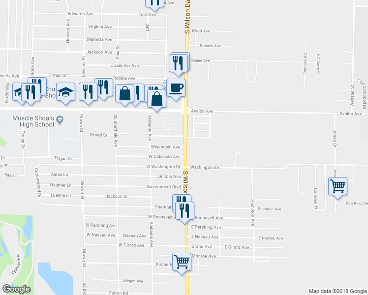 map of restaurants, bars, coffee shops, grocery stores, and more near 101 Wisconsin Avenue in Muscle Shoals