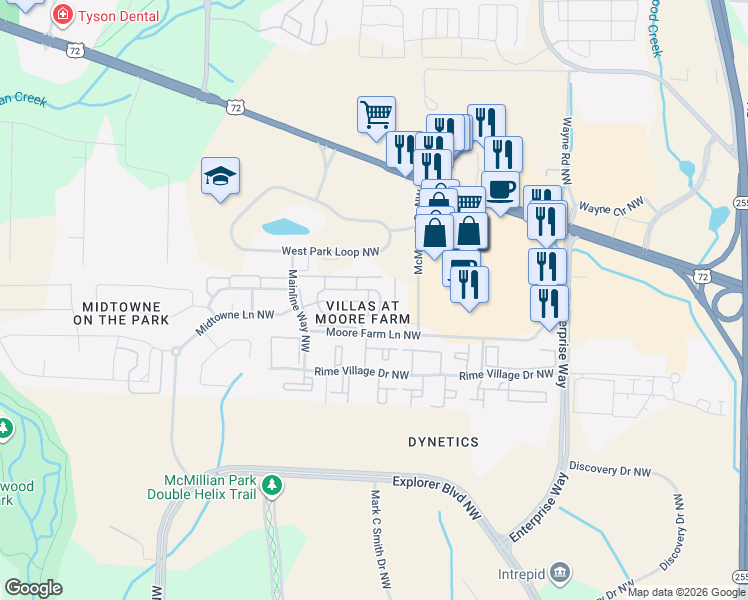 map of restaurants, bars, coffee shops, grocery stores, and more near 2 Northwest Moore Farm Circle in Huntsville