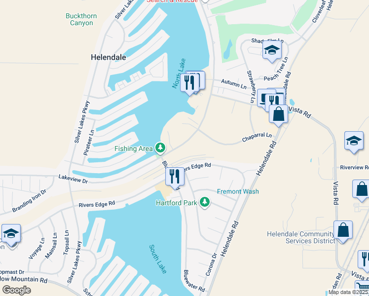 map of restaurants, bars, coffee shops, grocery stores, and more near 26989 Lakeview Drive in Helendale