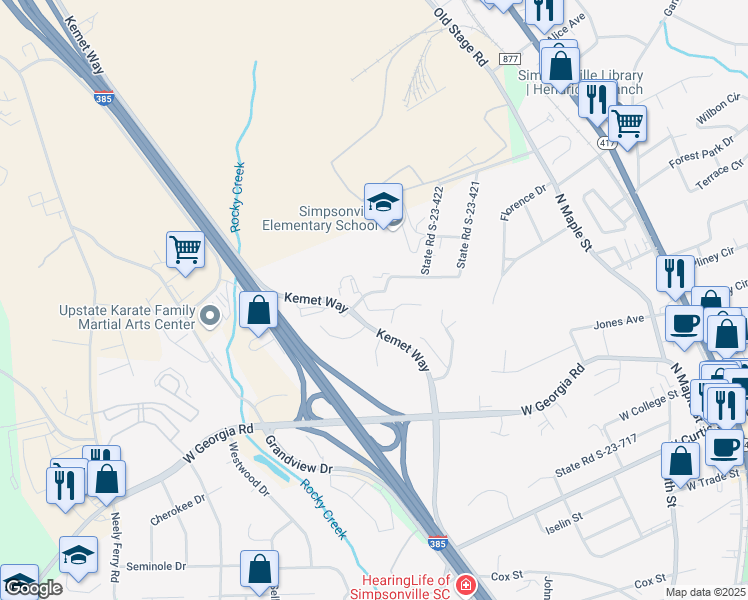 map of restaurants, bars, coffee shops, grocery stores, and more near 501 Boyd Avenue in Simpsonville