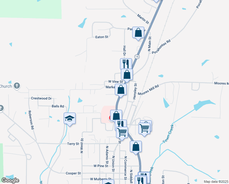 map of restaurants, bars, coffee shops, grocery stores, and more near 213 Oak St in Ripley