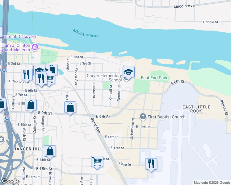 map of restaurants, bars, coffee shops, grocery stores, and more near 606 Fletcher Street in Little Rock