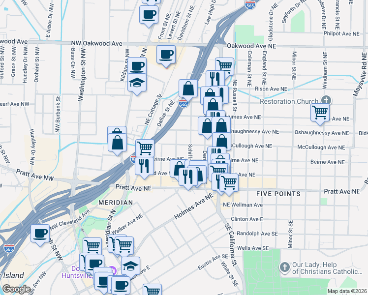 map of restaurants, bars, coffee shops, grocery stores, and more near 408 McCullough Avenue Northeast in Huntsville