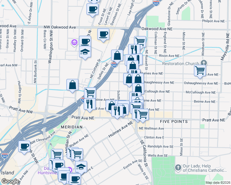 map of restaurants, bars, coffee shops, grocery stores, and more near 408 McCullough Avenue Northeast in Huntsville