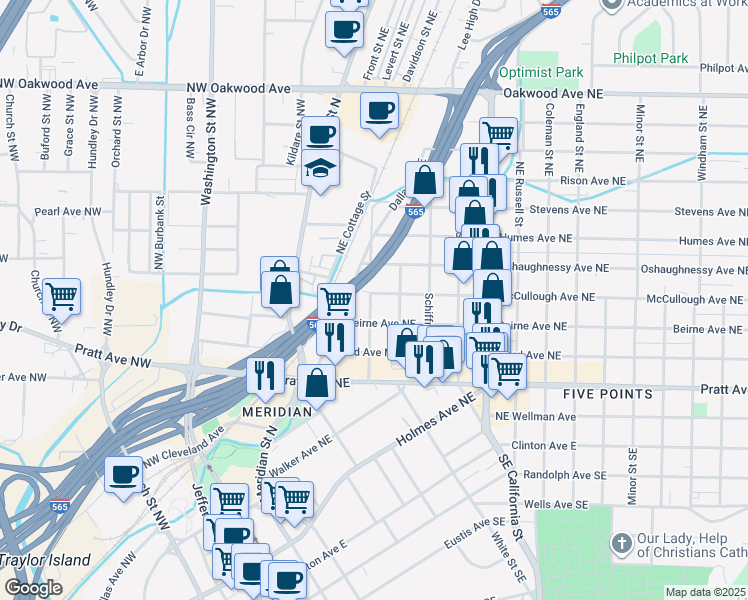 map of restaurants, bars, coffee shops, grocery stores, and more near 300 McCullough Avenue Northeast in Huntsville