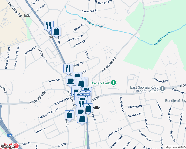 map of restaurants, bars, coffee shops, grocery stores, and more near 201 Jonesville Road in Simpsonville