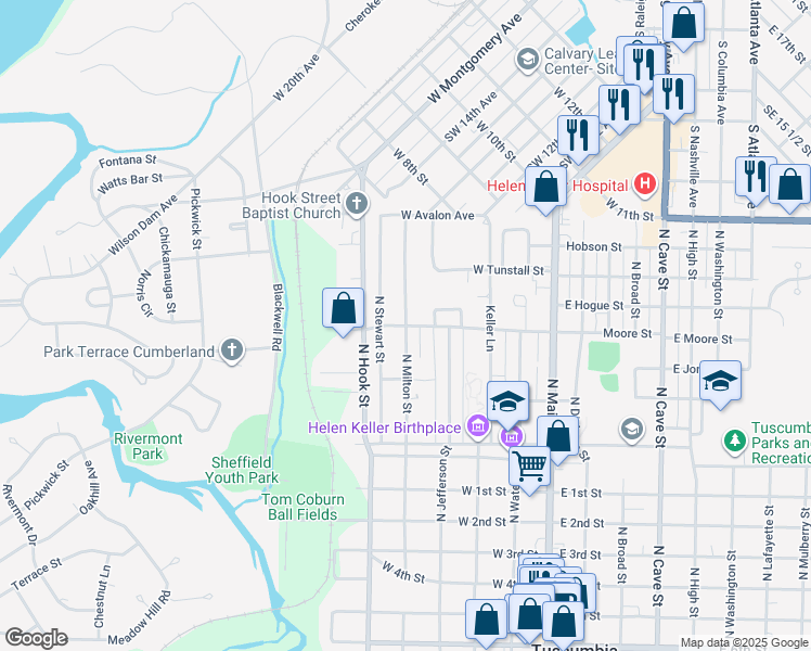 map of restaurants, bars, coffee shops, grocery stores, and more near 501 West Moore Street in Tuscumbia