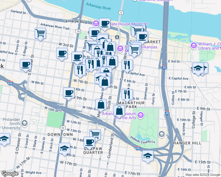 map of restaurants, bars, coffee shops, grocery stores, and more near 700 Scott Street in Little Rock