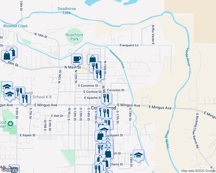 map of restaurants, bars, coffee shops, grocery stores, and more near Coconino St in Cottonwood