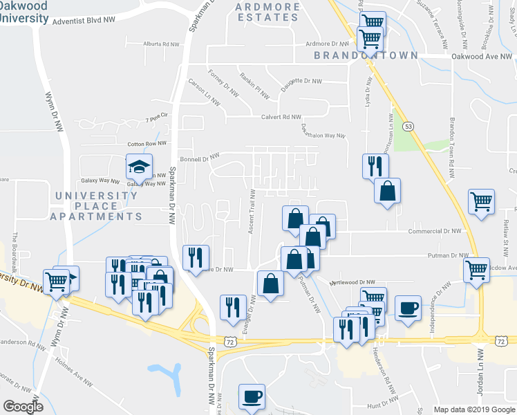 map of restaurants, bars, coffee shops, grocery stores, and more near in Huntsville