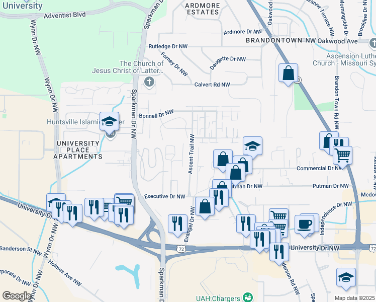 map of restaurants, bars, coffee shops, grocery stores, and more near in Huntsville