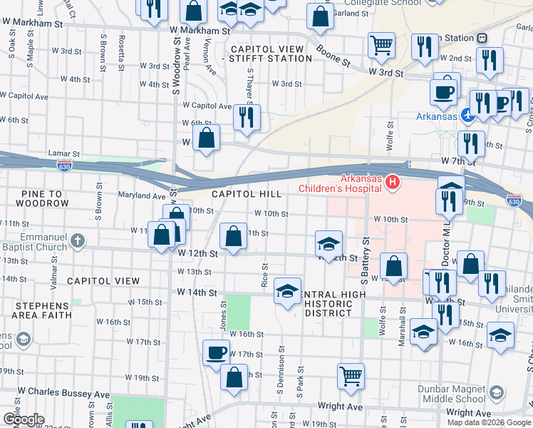 map of restaurants, bars, coffee shops, grocery stores, and more near 2315 West 10th Street in Little Rock