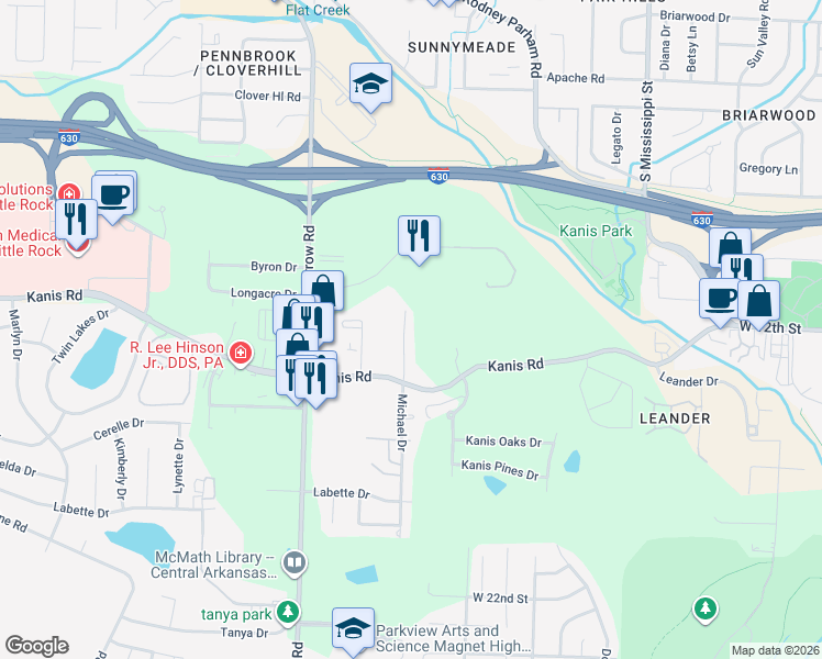 map of restaurants, bars, coffee shops, grocery stores, and more near 10 Michaels Street in Little Rock
